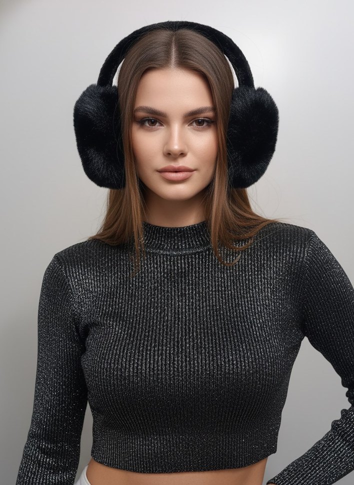 Siyah Peluş Tüylü Kadın Şapka ve Kulaklık Seti Soğuktan Koruyucu - Görsel 2