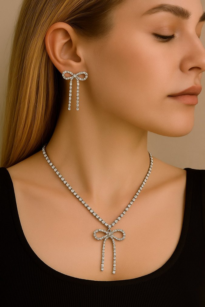 Kadın Kolye Küpe Halhal Bileklik İkili Set Gold Gümüş Tasarım - Görsel 2