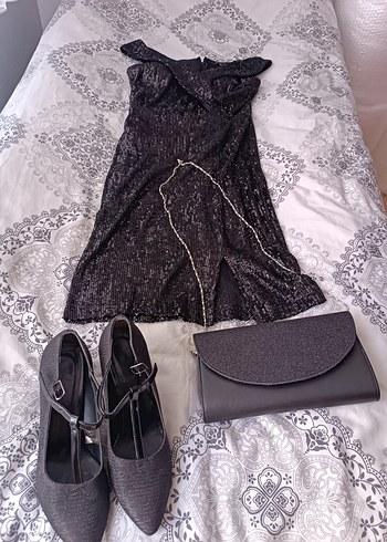 Siyah Pullu Parlak Midi Boy Abiye Elbise - Görsel 6