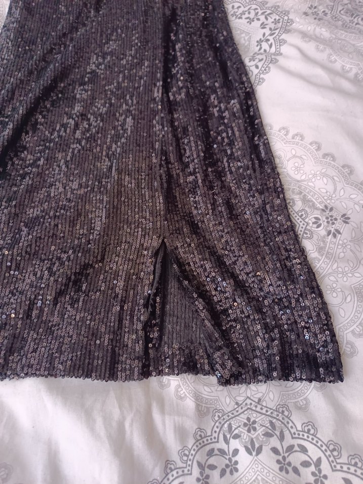 Siyah Pullu Parlak Midi Boy Abiye Elbise - Görsel 4