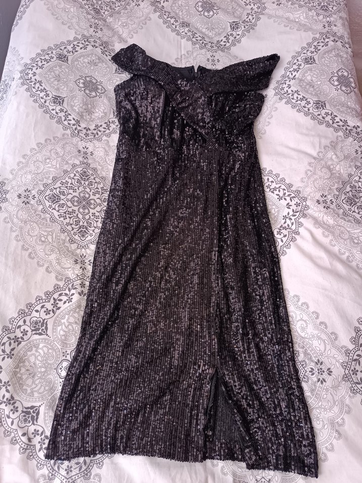 Siyah Pullu Parlak Midi Boy Abiye Elbise - Görsel 2