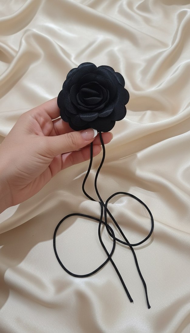 Kadın Siyah Saten Choker Gotik Çiçek Kolye - Görsel 2