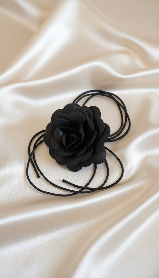 Kadın Siyah Saten Choker Gotik Çiçek Kolye - Görsel 3