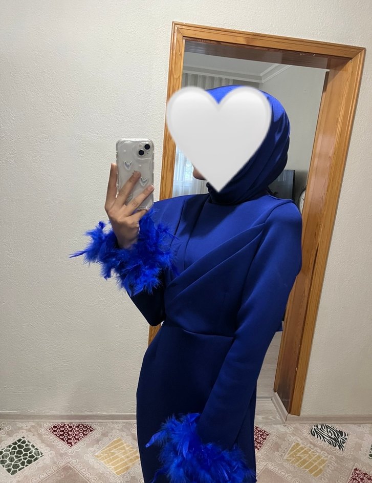 Uzun Kollu Drapeli Mavi Abiye Elbise - Görsel 2