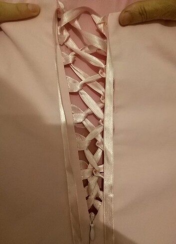 pembe straplez sırtı kurdeleli abiye elbise - Görsel 3