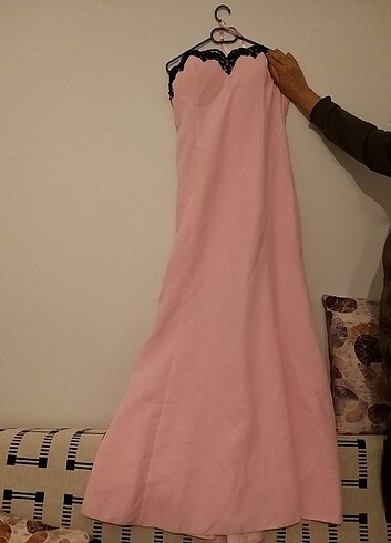 pembe straplez sırtı kurdeleli abiye elbise - Görsel 5