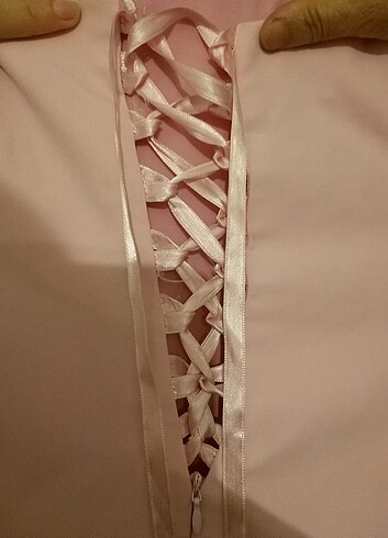 pembe straplez sırtı kurdeleli abiye elbise - Görsel 6