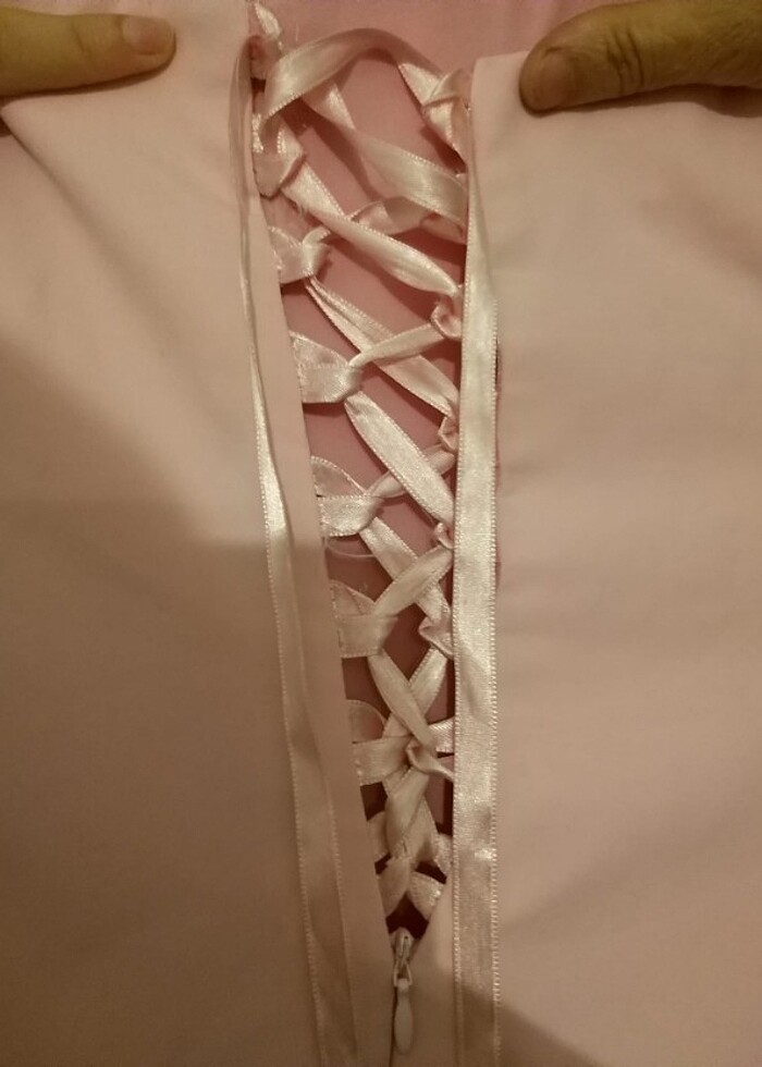 pembe straplez sırtı kurdeleli abiye elbise - Görsel 3