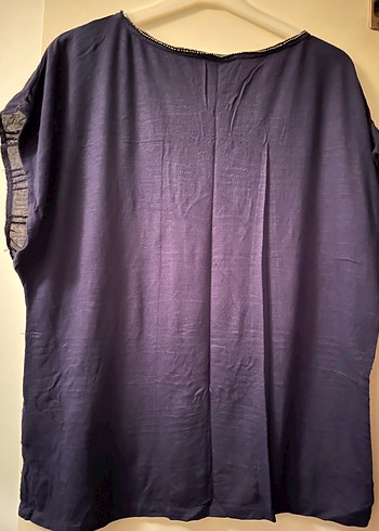 Kadın Lacivert Kısa Kollu Keten Bluz - Görsel 2