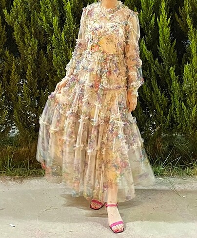 Çiçek Desenli Fırfırlı Abiye Elbise - Görsel 5