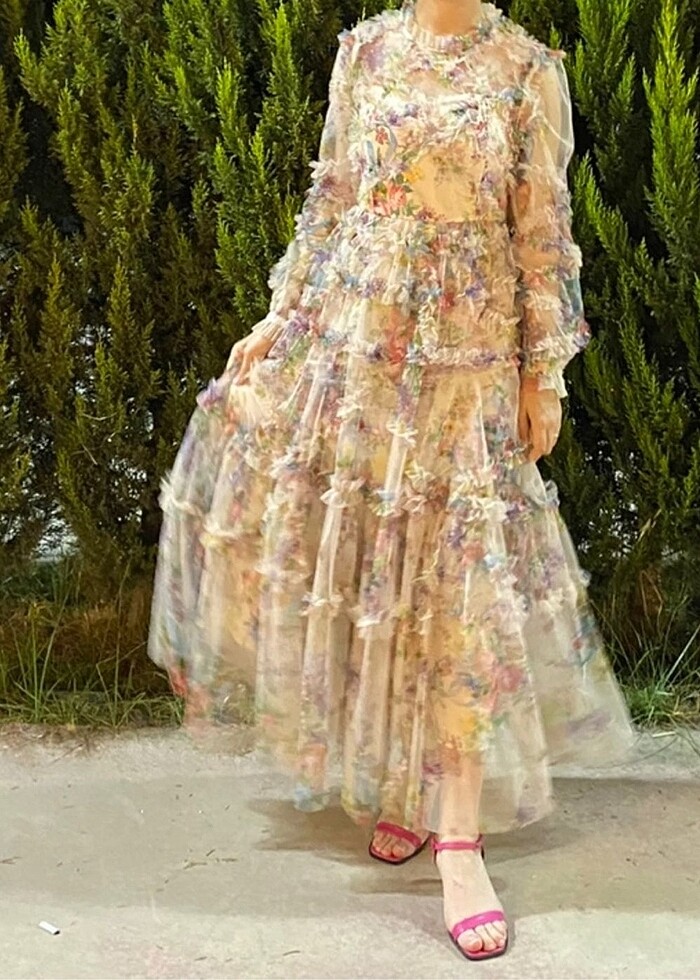 Çiçek Desenli Fırfırlı Abiye Elbise - Görsel 5