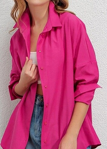 36 Beden pembe Renk LCW Koyu Pembe Oversize uzun gömlek
