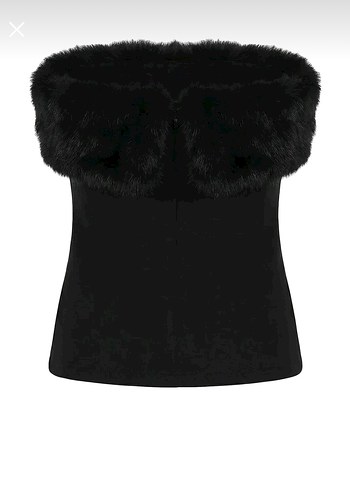 Kürk Detaylı Siyah Straplez Bluz - Görsel 2