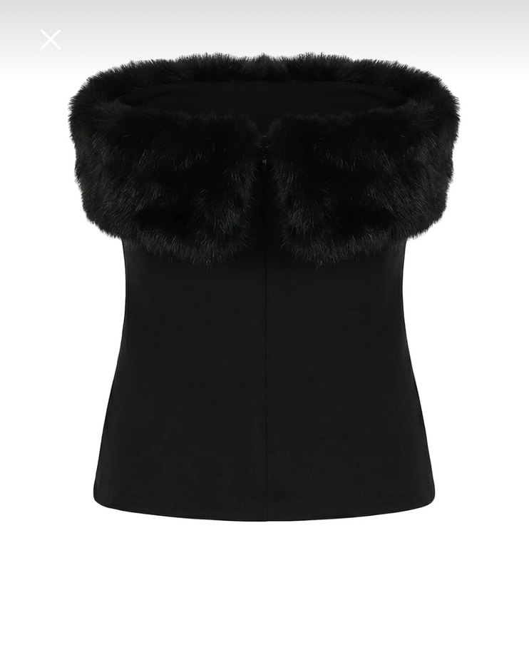 Kürk Detaylı Siyah Straplez Bluz - Görsel 2