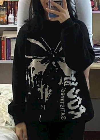 Siyah Baskılı Örgü Kadın Sweatshirt