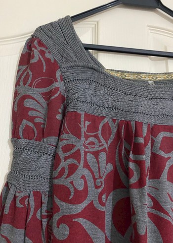 Bohem Bordo Gri Desenli elbise - Görsel 3