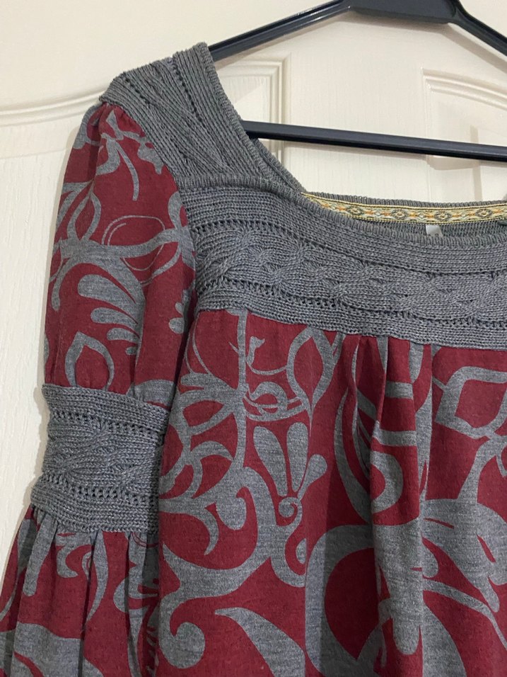 Bohem Bordo Gri Desenli elbise - Görsel 3