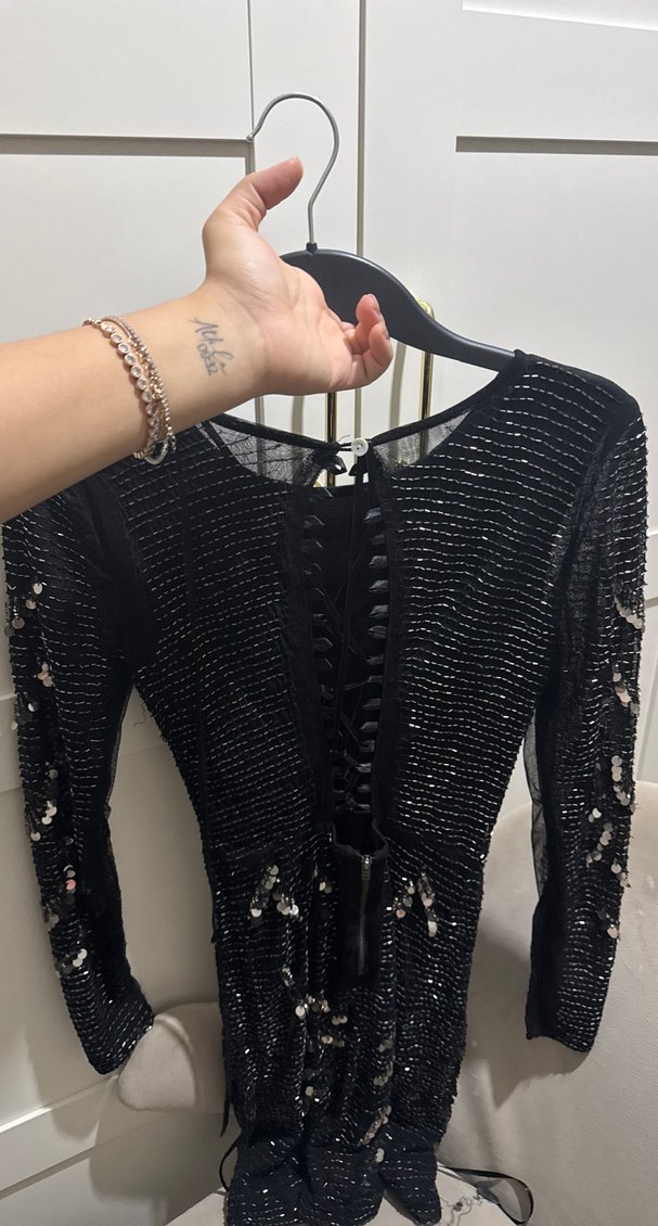 Siyah Payetli Uzun Kollu Midi Elbise - Görsel 2