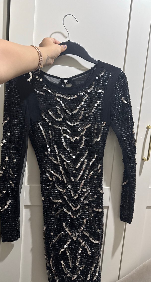 Siyah Payetli Uzun Kollu Midi Elbise - Görsel 3