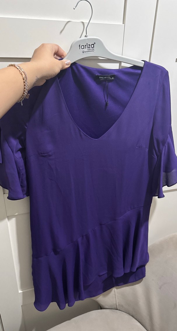 Mor V Yakalı Saten Salaş Bluz - Görsel 2