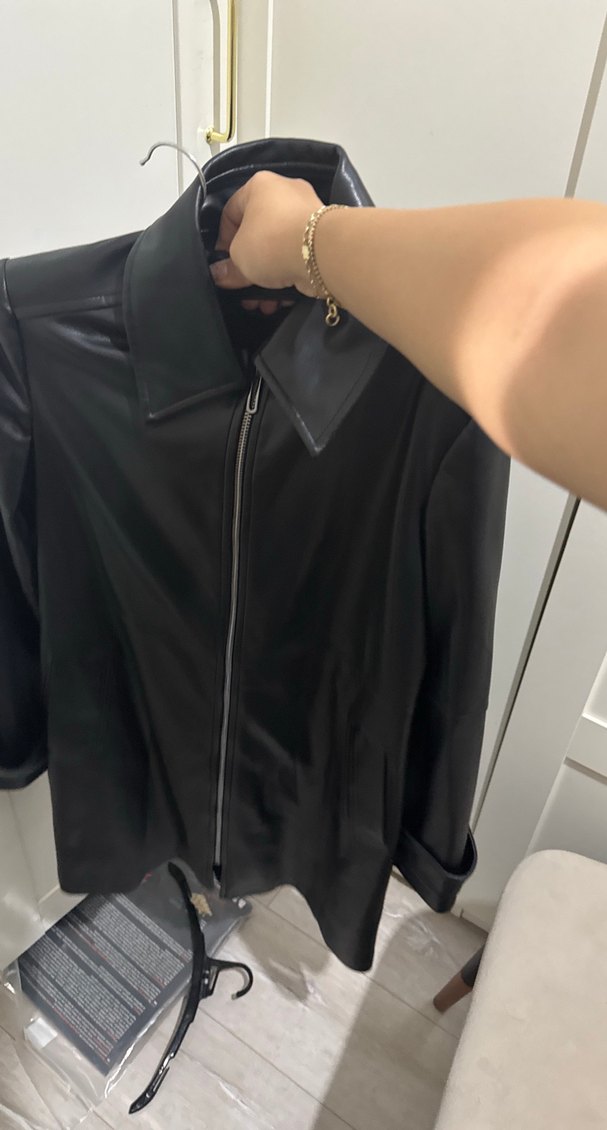 Kadın Siyah Deri Midi Ceket Fermuarlı - Görsel 2