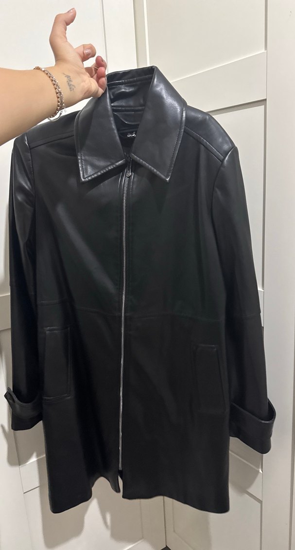 Kadın Siyah Deri Midi Ceket Fermuarlı - Görsel 3