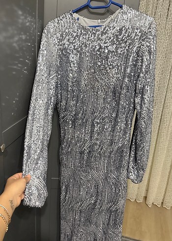 Gri Payetli Uzun Kollu Kadın Abiye Elbise - Görsel 2