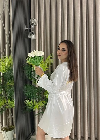 Beyaz Parlak Midi Kadın Sabahlık - Görsel 3