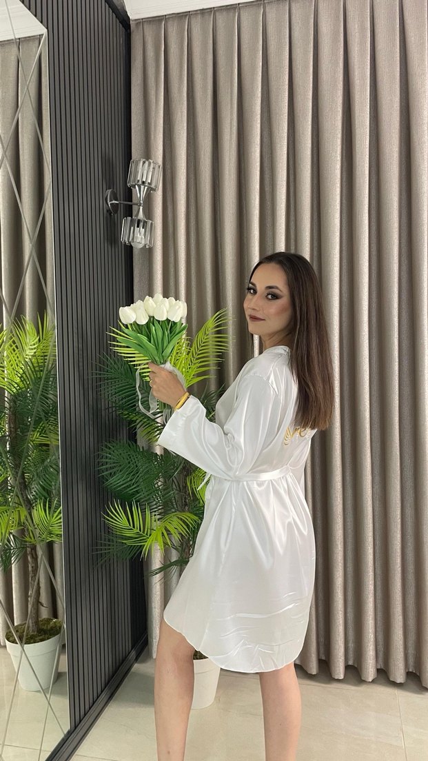 Beyaz Parlak Midi Kadın Sabahlık - Görsel 3