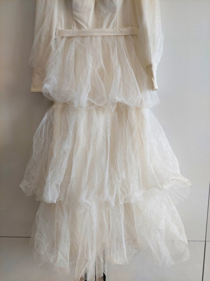 Uzun Kollu Beyaz Vintage Gelinlik - Görsel 2