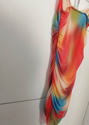 Kadın Çok Renkli Drapeli Mini Elbise - Görsel 3