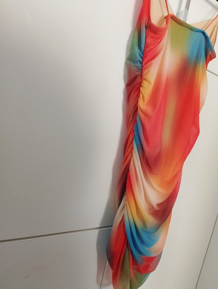 Kadın Çok Renkli Drapeli Mini Elbise - Görsel 3