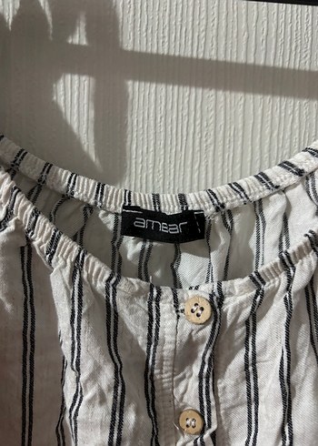 Diğer Ambar Düğmeli Çizgili Keten Mini Bluz