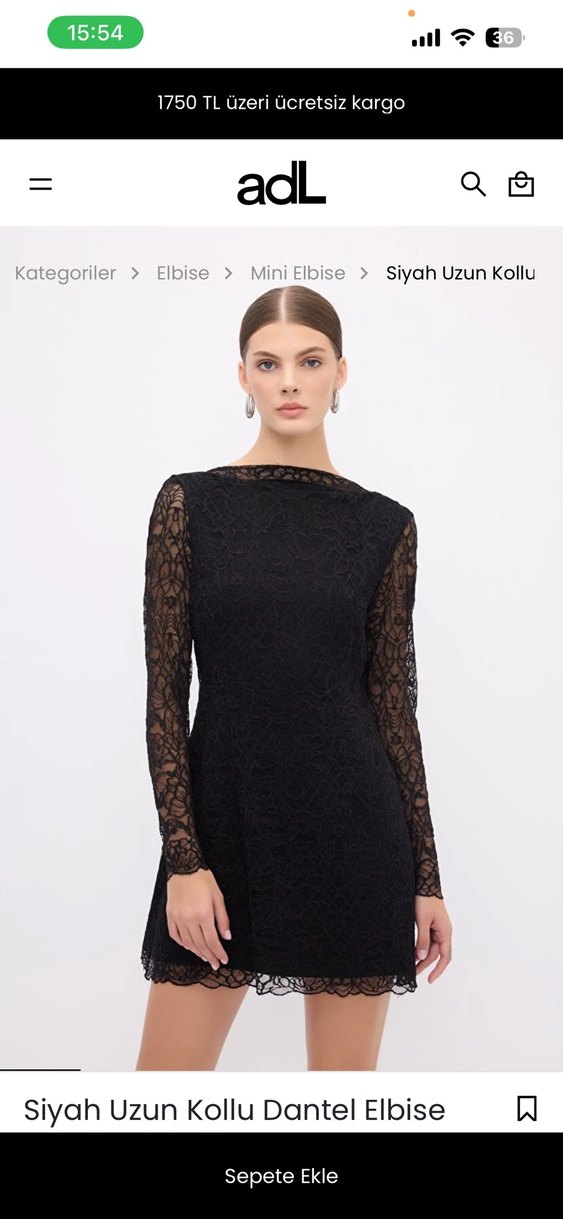 Siyah Dantel Mini Elbise Uzun Kollu - Görsel 2