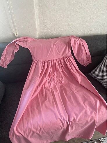 diğer Beden pembe Renk Robalı balon kol elbise