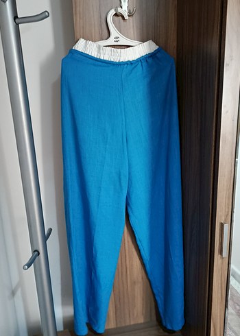 Mavi Bol Kesim Keten Kadın Pantolon - Görsel 2