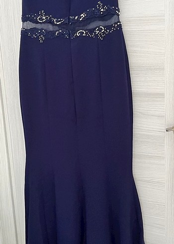 Lacivert Drapeli V Yaka Uzun Abiye Elbise - Görsel 3