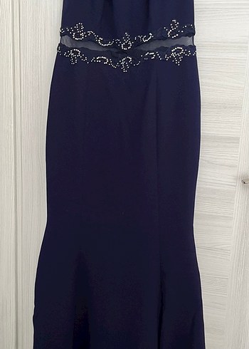 Lacivert Drapeli V Yaka Uzun Abiye Elbise - Görsel 5