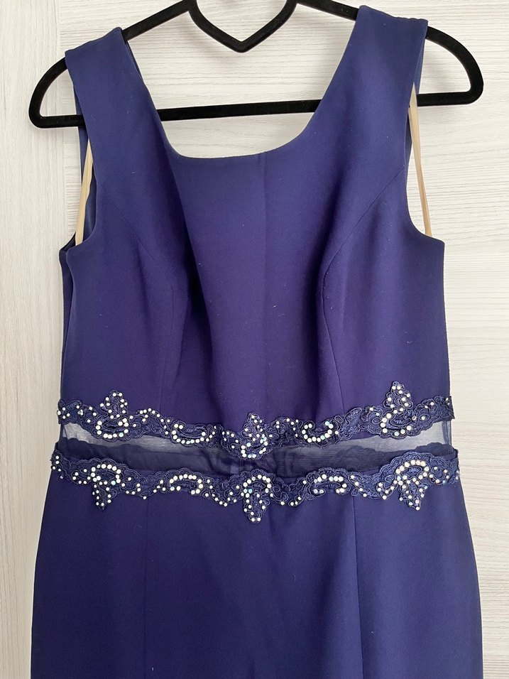 Lacivert Drapeli V Yaka Uzun Abiye Elbise - Görsel 4