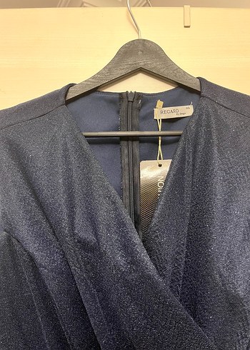 Parlak Lacivert Uzun Drapeli V Yaka Elbise - Görsel 4