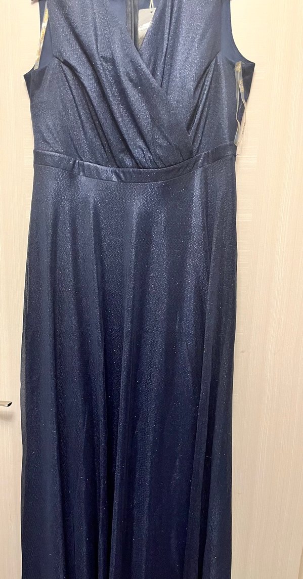 Parlak Lacivert Uzun Drapeli V Yaka Elbise - Görsel 2