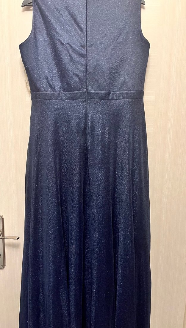 Parlak Lacivert Uzun Drapeli V Yaka Elbise - Görsel 3