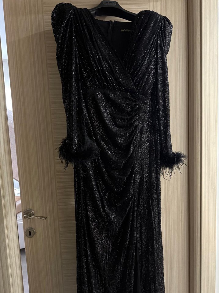 Siyah Drapeli Uzun Kollu V Yaka Gece Elbisesi - Görsel 5