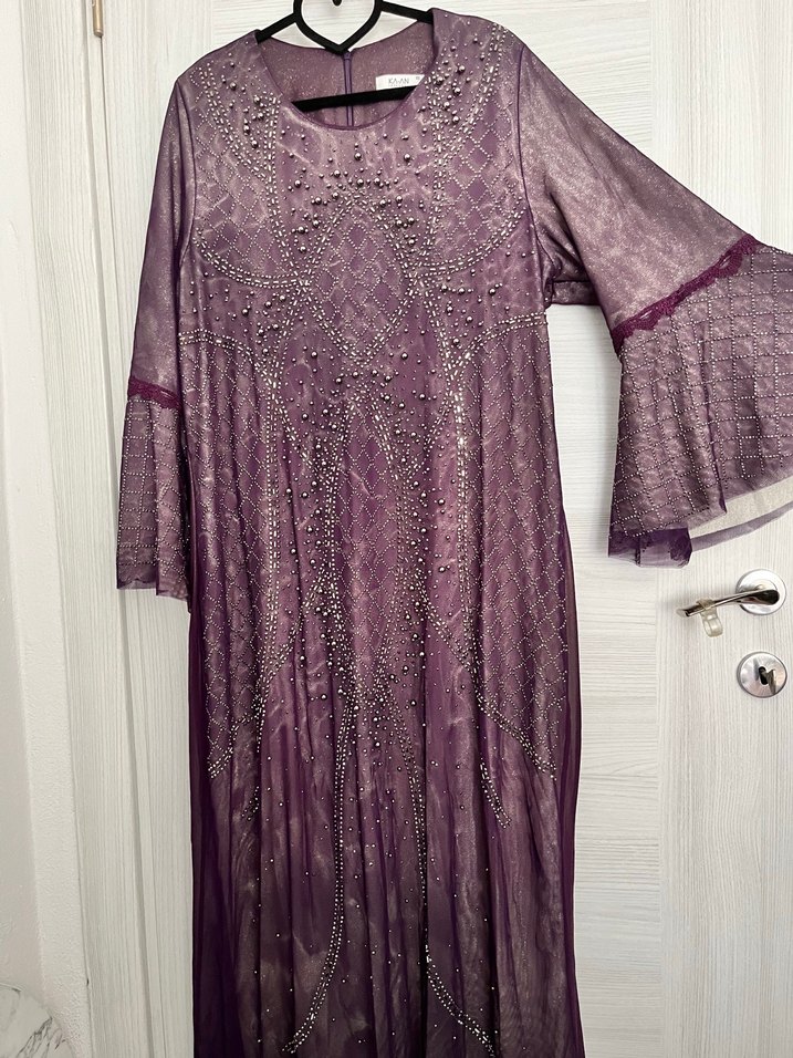 Mor Nakışlı Uzun Bohem Elbise - Görsel 3