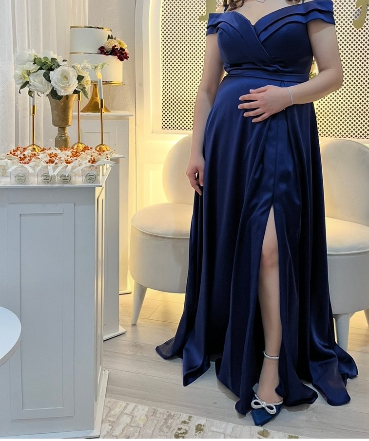 Lacivert Uzun Drapeli V Yaka Abiye Elbise - Görsel 2