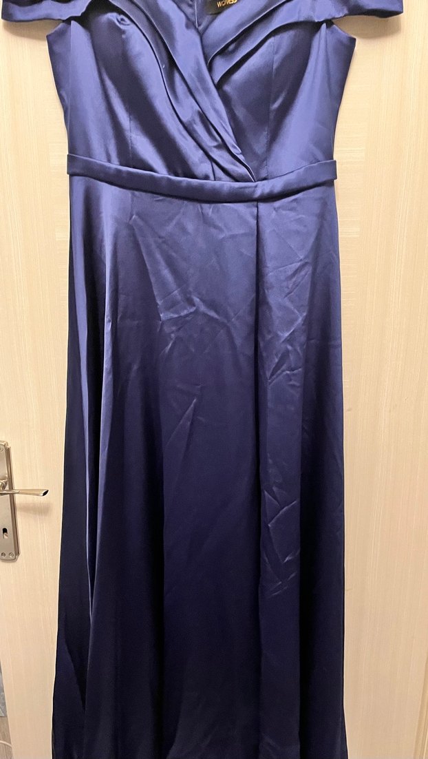 Lacivert Uzun Drapeli V Yaka Abiye Elbise - Görsel 5