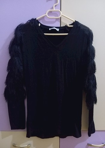 Siyah V Yakalı Kürk Detaylı Triko Bluz - Görsel 3