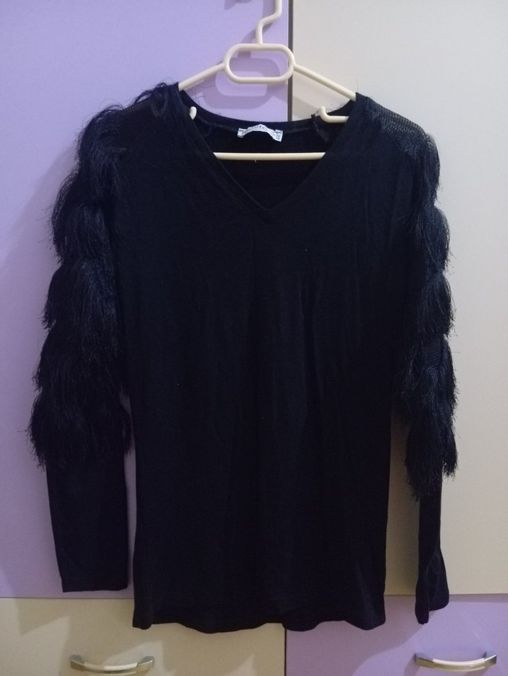 Siyah V Yakalı Kürk Detaylı Triko Bluz - Görsel 3