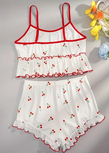 Nakışlı Kiraz Desenli Beyaz Mini Pijama Takımı - Görsel 2