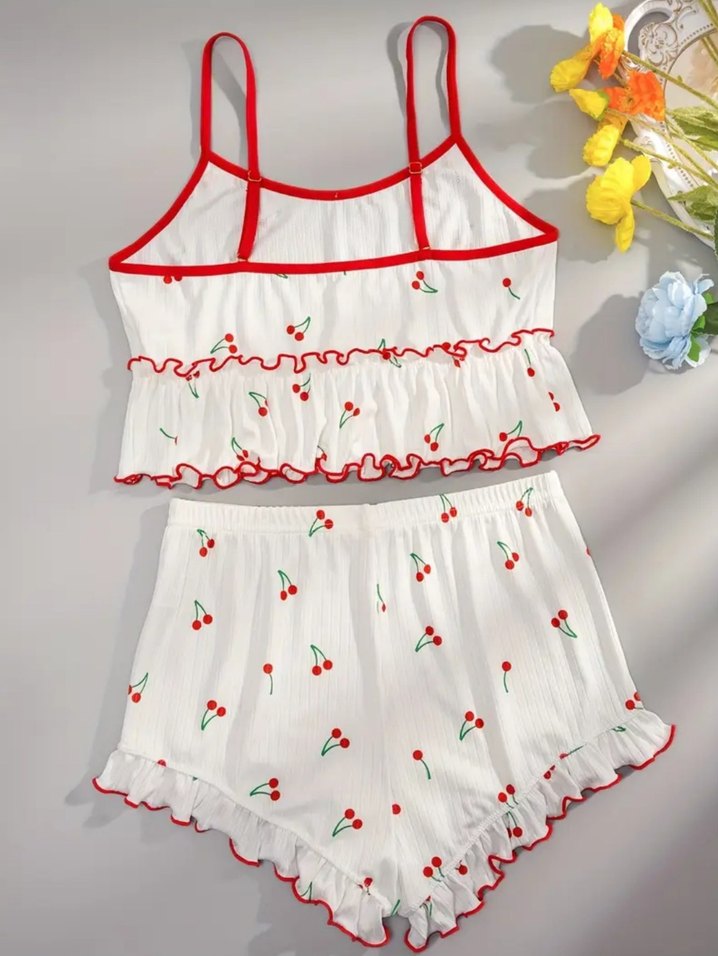 Nakışlı Kiraz Desenli Beyaz Mini Pijama Takımı - Görsel 2